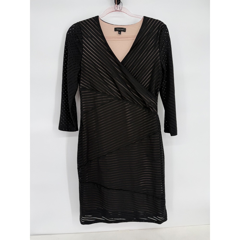 Spense Womens Black Striped Mesh Wrap Sheath Dress V-Neck‎ 3/4 Sleeve Sz M
